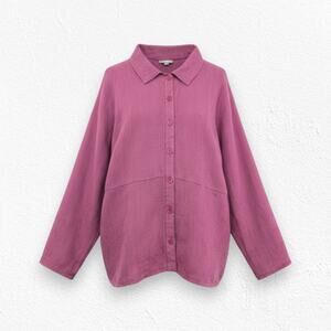 Y2K Vintage FLAX Pink Linen Herringbone Button Front Shirt Oversized Top Size XL